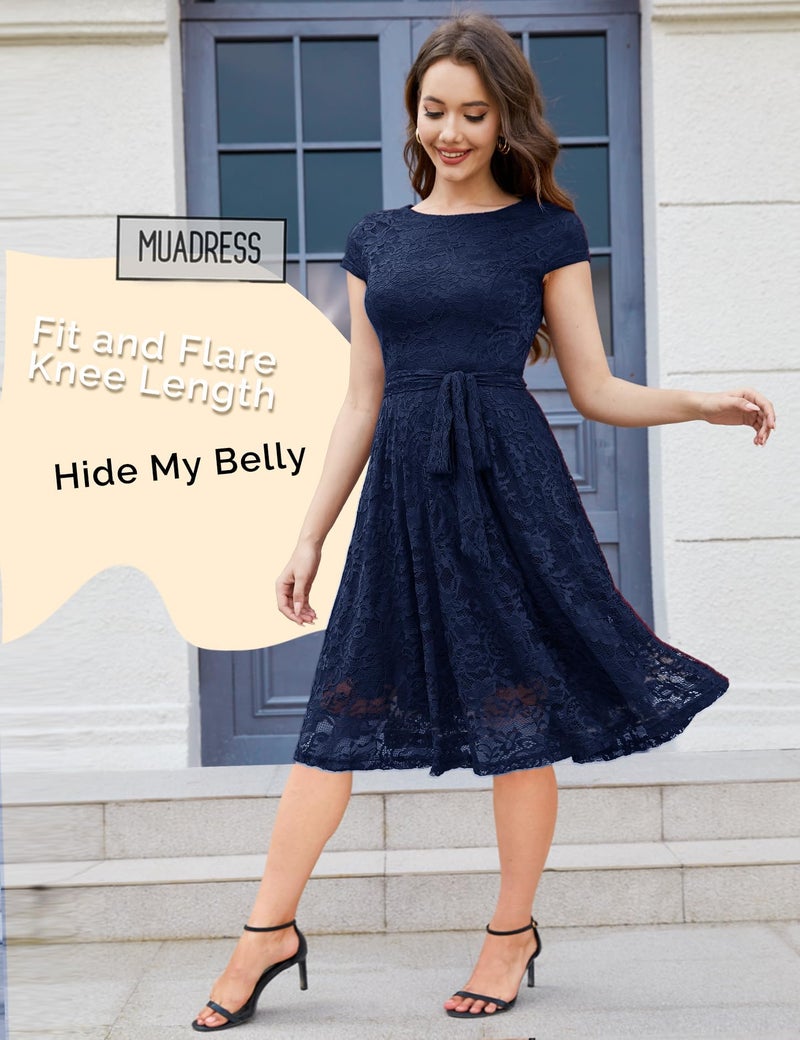 MUADRESS Women Cap-Sleeve Lace Floral Elegant Cocktail Dress Crew Neck Knee Length Bridesmaid Prom Dresses for Party Navy M - Image 3